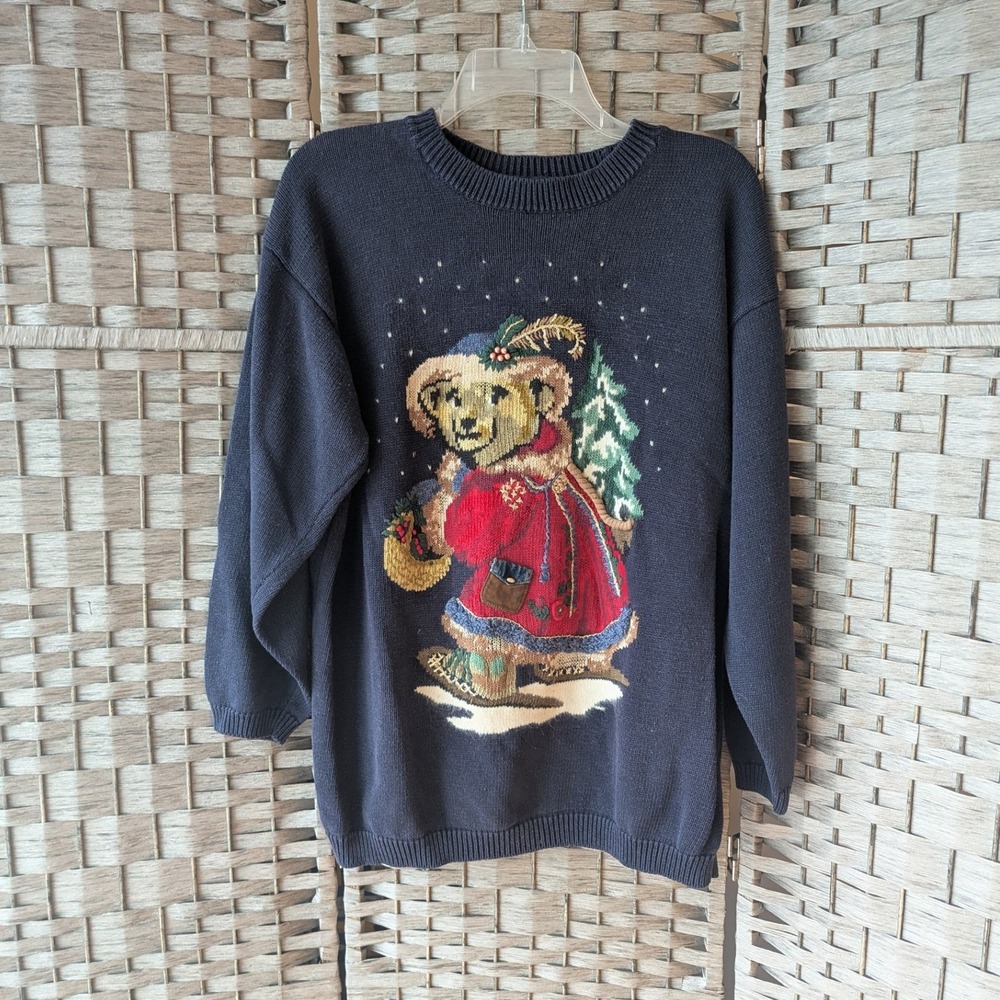 Vtg 90s Sweater Navy‎ Blue Holiday Teddy Bear Graphic Beaded Sz XL Granniecore